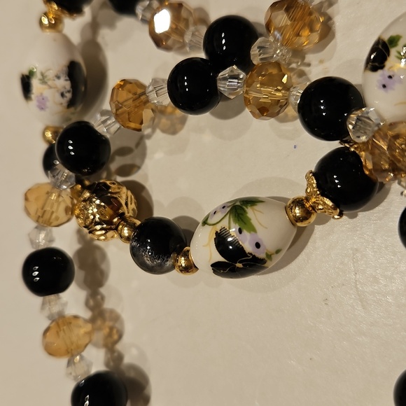 3 Black & White & Goldtone Glass & Crystal Beaded Stretch Bracelet Set - Picture 4 of 9
